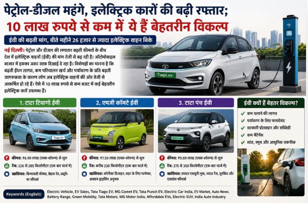 पेट्रोल-डीजल महंगे, इलेक्ट्रिक कारों की बढ़ी रफ्तार, 10 लाख रुपये से कम में ये हैं बेहतरीन विकल्प